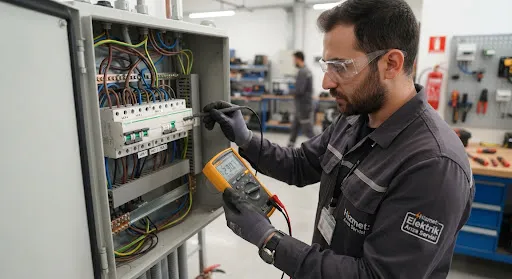 ZMA Elektrik ustası Eskişehir'de elektrik panosunda multimetre ile ölçüm yapıyor